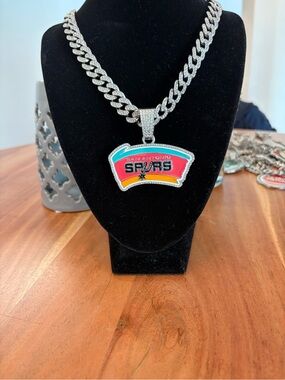 NBA San Antonio Spurs Pendant Necklace in Teal Pink Yellow and Silver